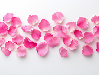 Obraz premium Petals of pink rose on a white background. Top view. Pattern.