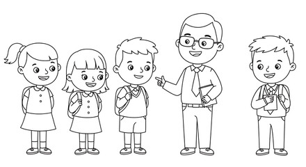 kids and teacher in the classroom, coloring page for children, Black and white illustration.