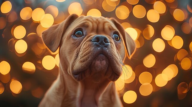 **Bulldog Puppy Looking Up Under String Lights, Cinematic Low Light Warmth --Ar 16:9 --S 997 --V 6.0 --Style Raw** - @Darya (Relaxed)