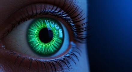 Human eye with bright green iris and digital enhancement. Biometric technology, artificial intelligence in ophthalmology. Futuristic vision concept for cybersecurity and identity verification.