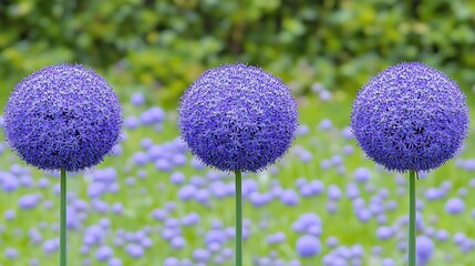 Three purple orbs in a garden