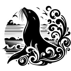 illustration silhouette sea lion on white background