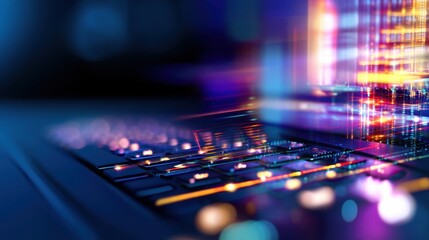 Close-up of a modern laptop keyboard with colorful light reflections and digital graphics