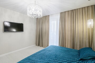 interior room apartment bedroom with bed, cozy place to sleep and relax