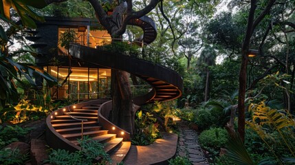 Obraz premium Spiral staircase treehouse in lush forest landscape