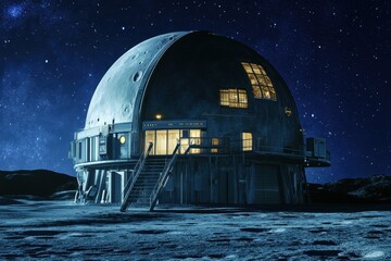 Obraz premium Exploration facility on the lunar surface under a starry sky during nighttime