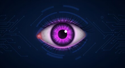 Obraz premium Artificial intelligence surveillance concept with digital purple eye on circuit board background. Futuristic technology for security and data analysis