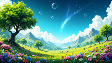 Vibrant Fantasy Landscape with Cosmic Elements