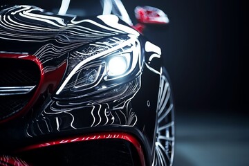 Close-Up Of Luxury Car With Illuminated Headlight In Modern Studio Lighting