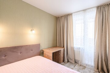 interior room apartment bedroom with bed, cozy place to sleep and relax