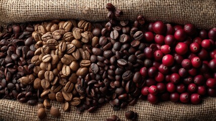Coffee Beans Variety: a rustic display of various coffee beans in different stages of roasting, from raw red cherries to dark roasted beans.