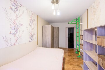 interior room apartment bedroom with bed, cozy place to sleep and relax