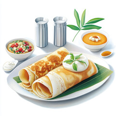 Delicious Indian Dosa with Coconut Chutney and Sambar on Table