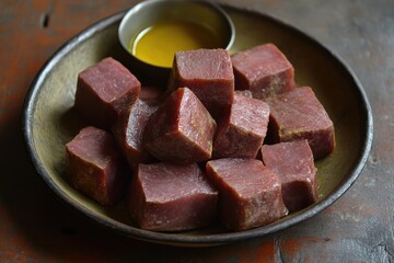 Marinated cubed meat ready for cooking, served with a side of oil