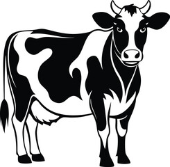 Holstein dairy cow icon, Spotted cattle flat vector, Farm animal cow illustration, Cow icon for agriculture apps, Black and white cow graphic