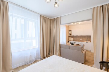 interior room apartment bedroom with bed, cozy place to sleep and relax