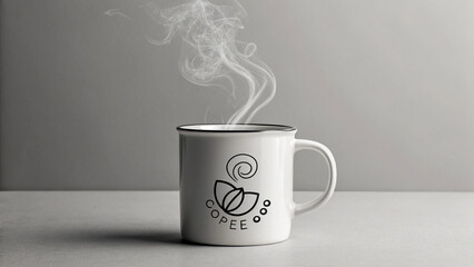 Aesthetic White Coffee Mug with Steam and Minimalist Logo on a Gray Background