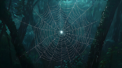 Detailed spiderweb covered in raindrops hanging within a dark green forest illuminated by a central point of light