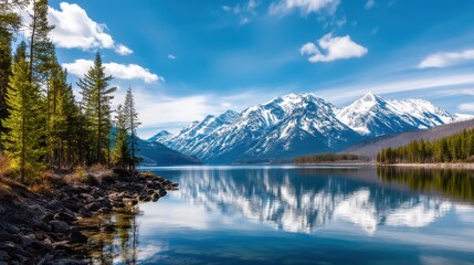 Serene mountain landscape reflecting in calm lake under a clear blue sky with pine trees