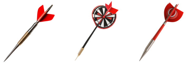 Set of Three red darts with brass-colored barrels and sharp metal tips lying neatly side by side on transparent png background. Ai generated