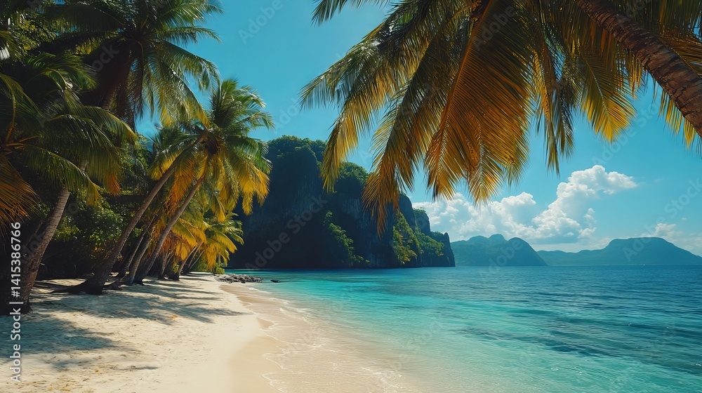 Aufkleber golden sands glisten under the sun as gentle waves lap the shore. lush green palm trees sway softly 