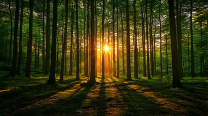 Obraz premium Golden sunlight streams through forest