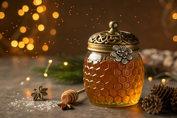 Elegant Honey Jar with Decorative Lid and Honey Dipper Surrounded by Festive Lights