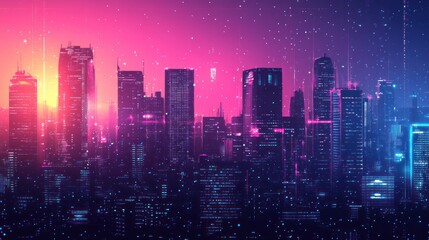 Fototapeta premium Futuristic Cyberpunk Cityscape with Glowing Neon Lights and Digital Overlay