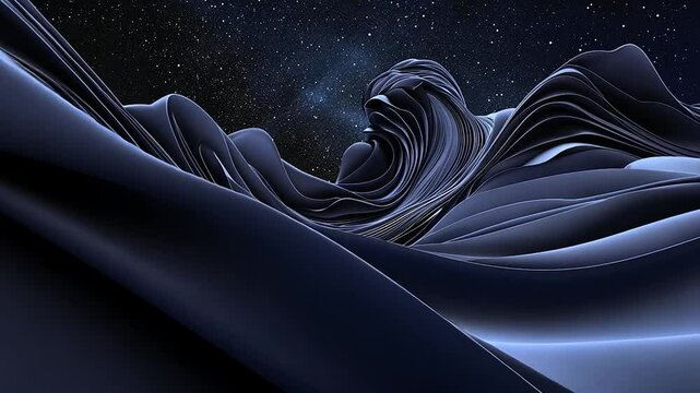 Abstract dark waves flowing under a starry sky, creating a surreal landscape of motion