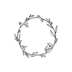 Rustic Floral Wreath Outline with Hand-drawn Flowers and Leaves