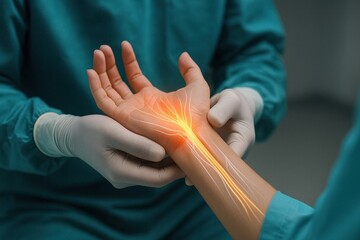 Close-up of hands surgeon in uniform assessing wrist pain in carpal tunnel syndrome, showing light effect and median nerve anatomy overlay