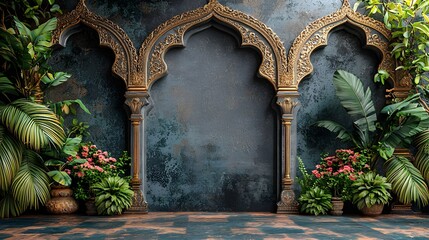 Elegant temple arch in a lush tropical setting