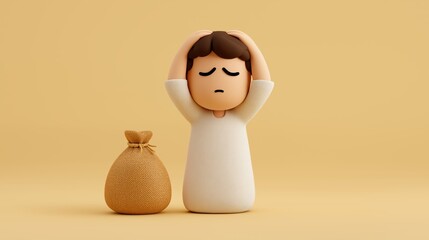 Debit Concept. Frustrated character beside a bag symbolizing stress or financial worries.