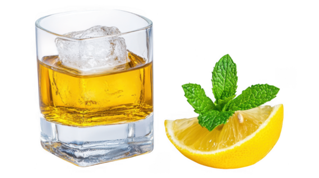 Refreshing Summer Vacation Drink Clear Ice Cube with Lemon Wedge and Mint Leaf Beside Sunlit Glass, Isolated on Transparent Background