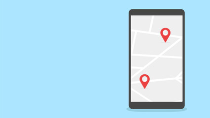 A smartphone displaying a map with two red location pins on a light blue background