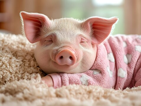 Cute pig in pink pajamas snuggling a soft pillow