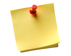 Yellow sticky post it note with red push pin on a transparent background