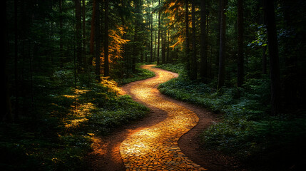 Obraz premium Winding cobblestone path glows under a dark forest canopy leading the eye through a lush green landscape bathed in gol