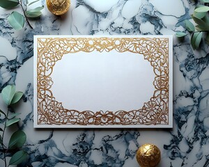 Ornate gold mandala frame on white marble background