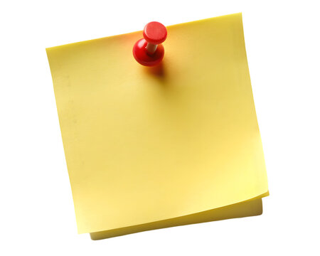 Yellow sticky post it note with red push pin on a transparent background