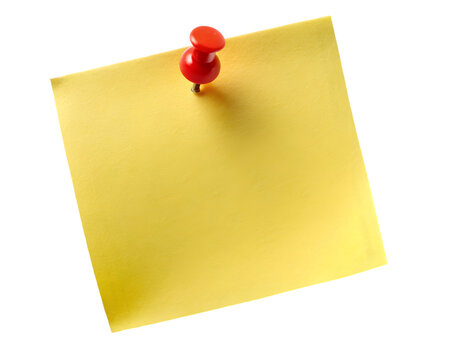 Yellow sticky post it note with red push pin on a transparent background