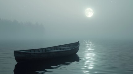 A wooden boat floats serenely on a misty lake under the soft glow of the full moon at night.