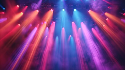 Abstract concert lighting, colorful spotlights dance across the stage, a background of musical euphoria and visual splendor.
