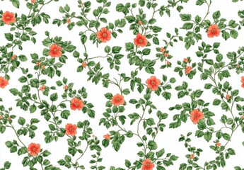 Delightful small wildflowers pattern featuring green and red blooms on a clean white background for textile design projects
