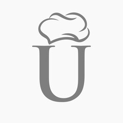 Restaurant Logo On Letter U Concept With Chef Hat Symbol