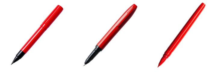 Set of A close-up shot of a red pen and a black pen resting on a wooden desk with natural sunlight on transparent png background. Ai generated