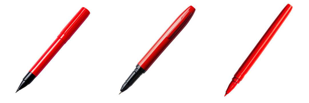 Set of A close-up shot of a red pen and a black pen resting on a wooden desk with natural sunlight on transparent png background. Ai generated