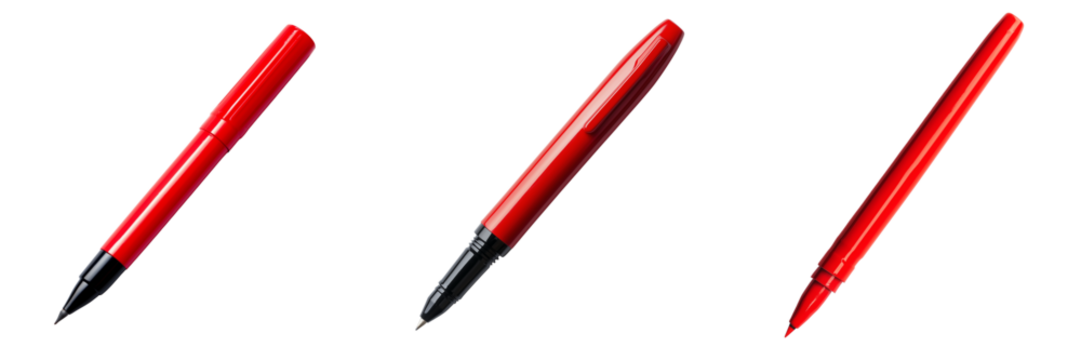 Set of A close-up shot of a red pen and a black pen resting on a wooden desk with natural sunlight on transparent png background. Ai generated