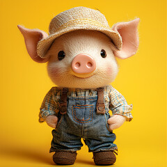 Cute Plush Piglet Wearing Overalls and Hat with Bright Yellow Background
