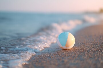 lone beach ball rests by shore under vibrant morning light